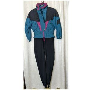 Vintage OSSI Snowsuit Skiwear Purple Blue Black Ladies Sz 8 Hooded Stretch Pants